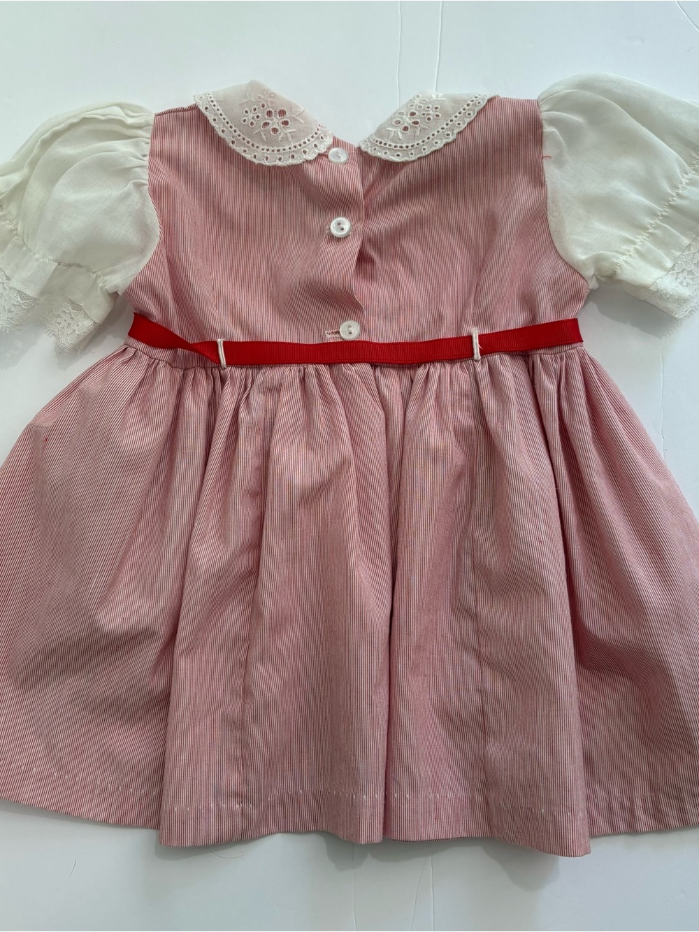 Vintage Girls Dress Pinafore Lace Toddler SZ 12-18 M Red White Embroidered - Picture 6 of 11